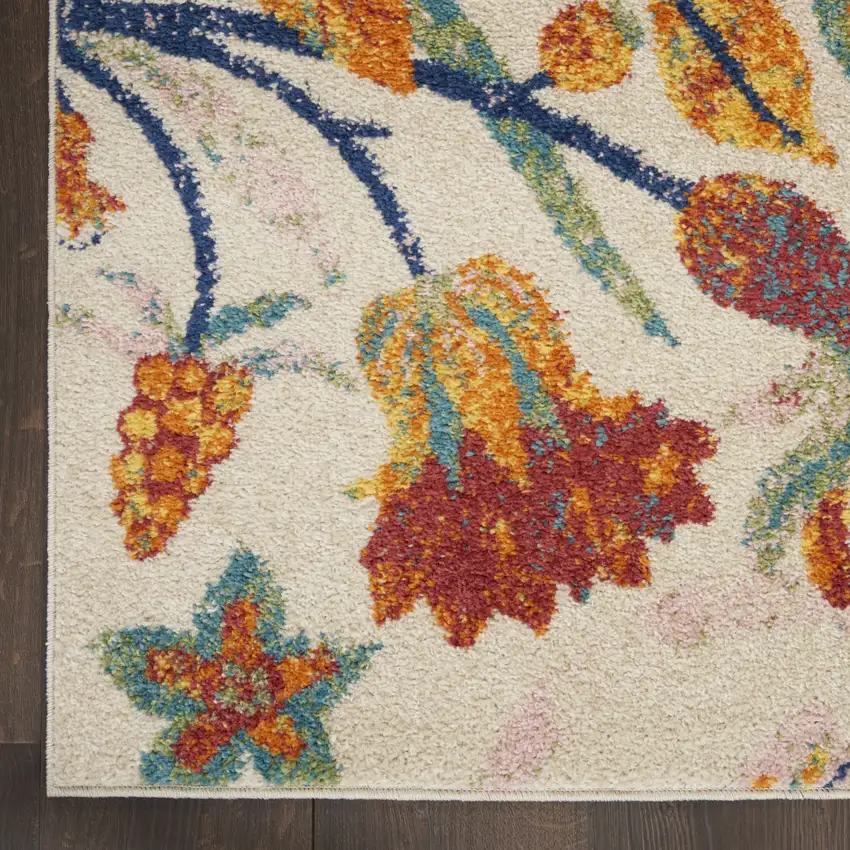 8' Orange Cream And Green Floral Runner Rug Photo 6