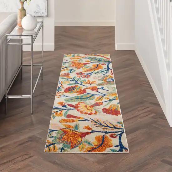 8' Orange Cream And Green Floral Runner Rug Photo 4