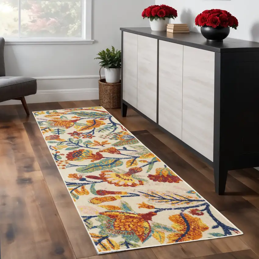 8' Orange Cream And Green Floral Runner Rug Photo 2