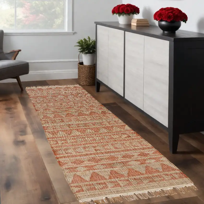Orange and Ivory Geometric Hand Woven Runner Rug Photo 1