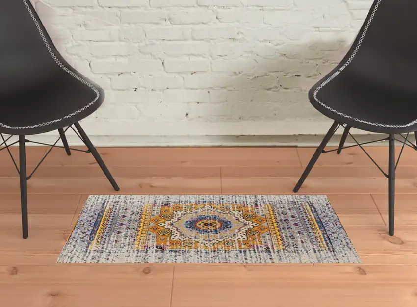 Orange and Ivory Medallion Power Loom Area Rug Photo 3