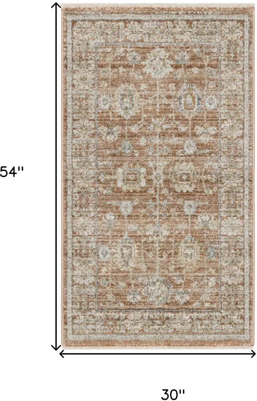Orange and Ivory Oriental Power Loom Distressed Area Rug With Fringe Photo 3