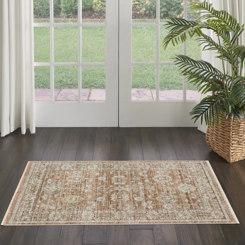 Orange and Ivory Oriental Power Loom Distressed Area Rug With Fringe Photo 4