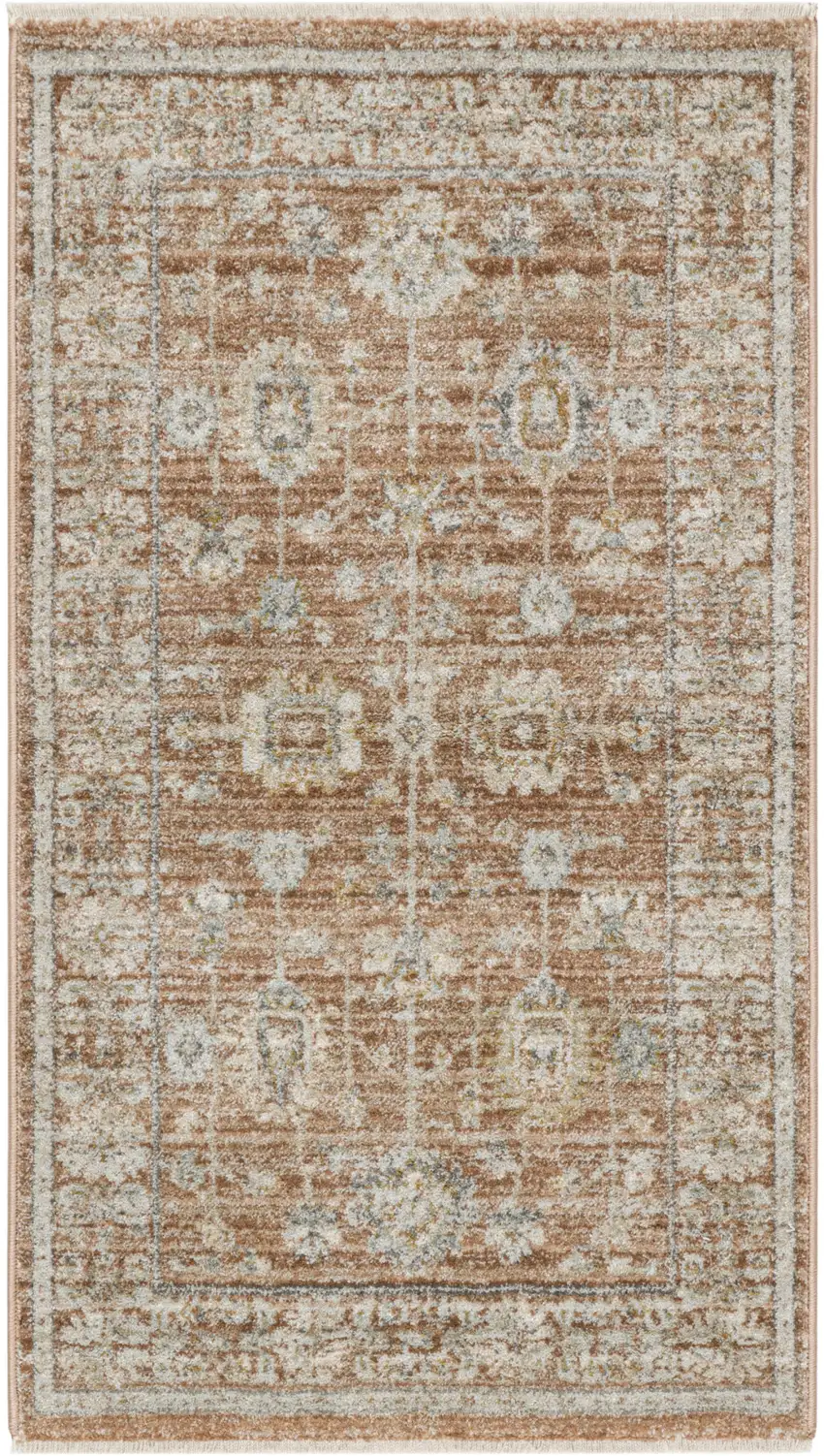 Orange and Ivory Oriental Power Loom Distressed Area Rug With Fringe Photo 2
