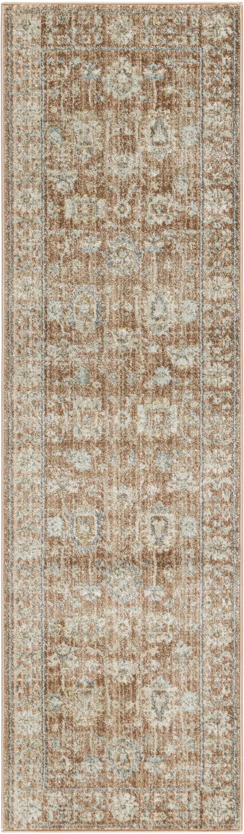 Orange and Ivory Oriental Power Loom Distressed Runner Rug With Fringe Photo 2