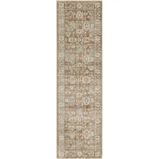 8' Orange And Ivory Oriental Distressed Runner Rug With Fringe Photo 4