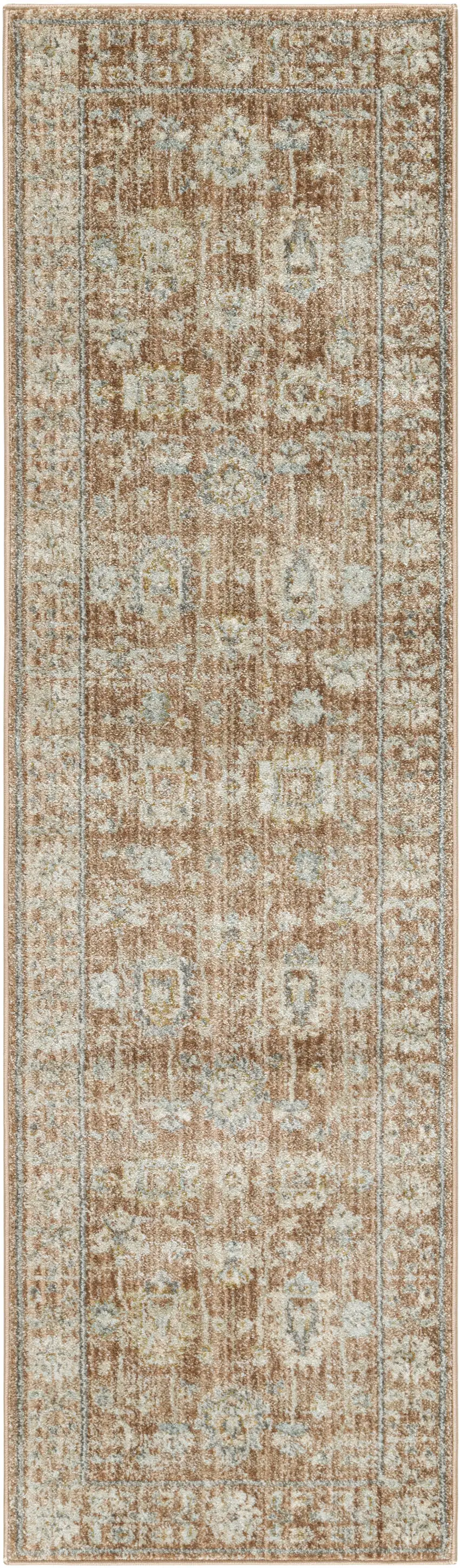 8' Orange And Ivory Oriental Distressed Runner Rug With Fringe Photo 4