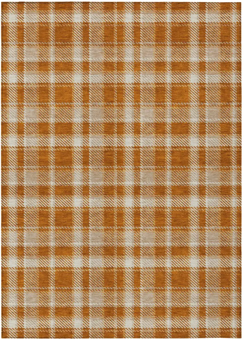 Orange and Ivory Plaid Vacuum or Hose Rinse Non Skid Indoor Outdoor Area Rug Photo 2