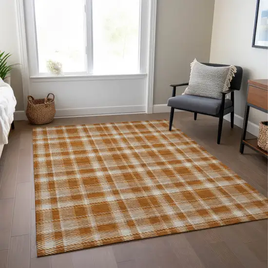 Orange and Ivory Plaid Vacuum or Hose Rinse Non Skid Indoor Outdoor Area Rug Photo 9