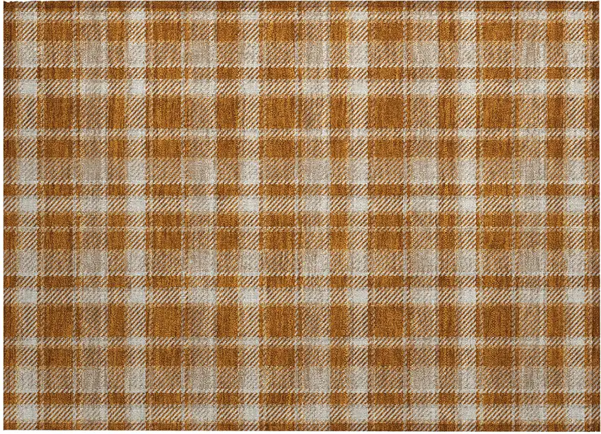 Orange and Ivory Plaid Washable Non Skid Indoor Outdoor Area Rug Photo 2