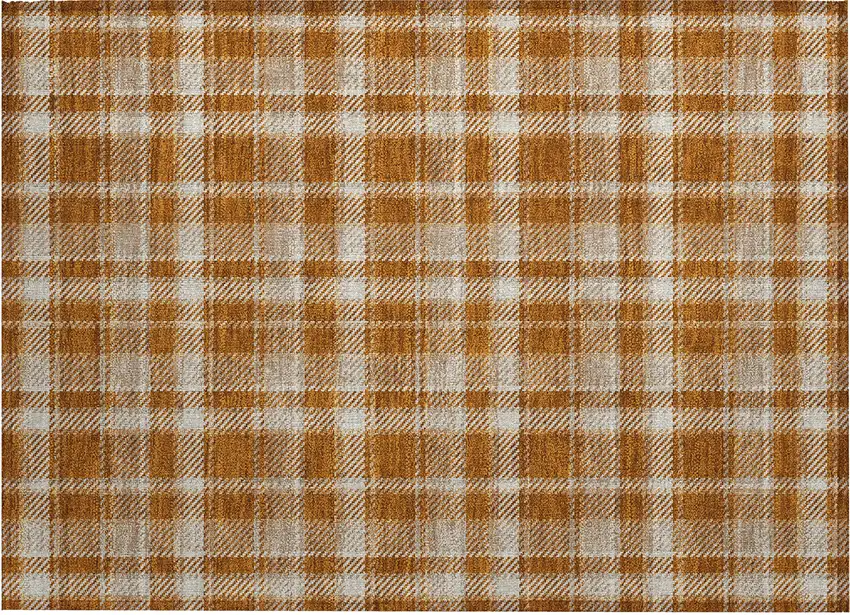 Orange and Ivory Plaid Washable Non Skid Indoor Outdoor Area Rug Photo 2