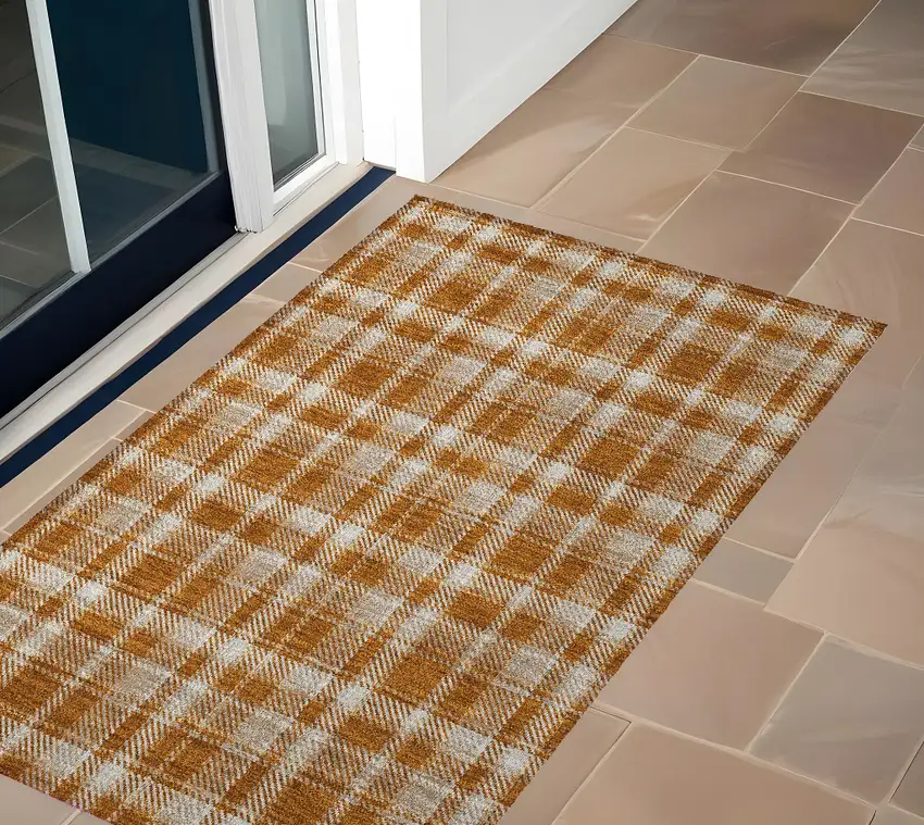 Orange and Ivory Plaid Washable Non Skid Indoor Outdoor Area Rug Photo 1
