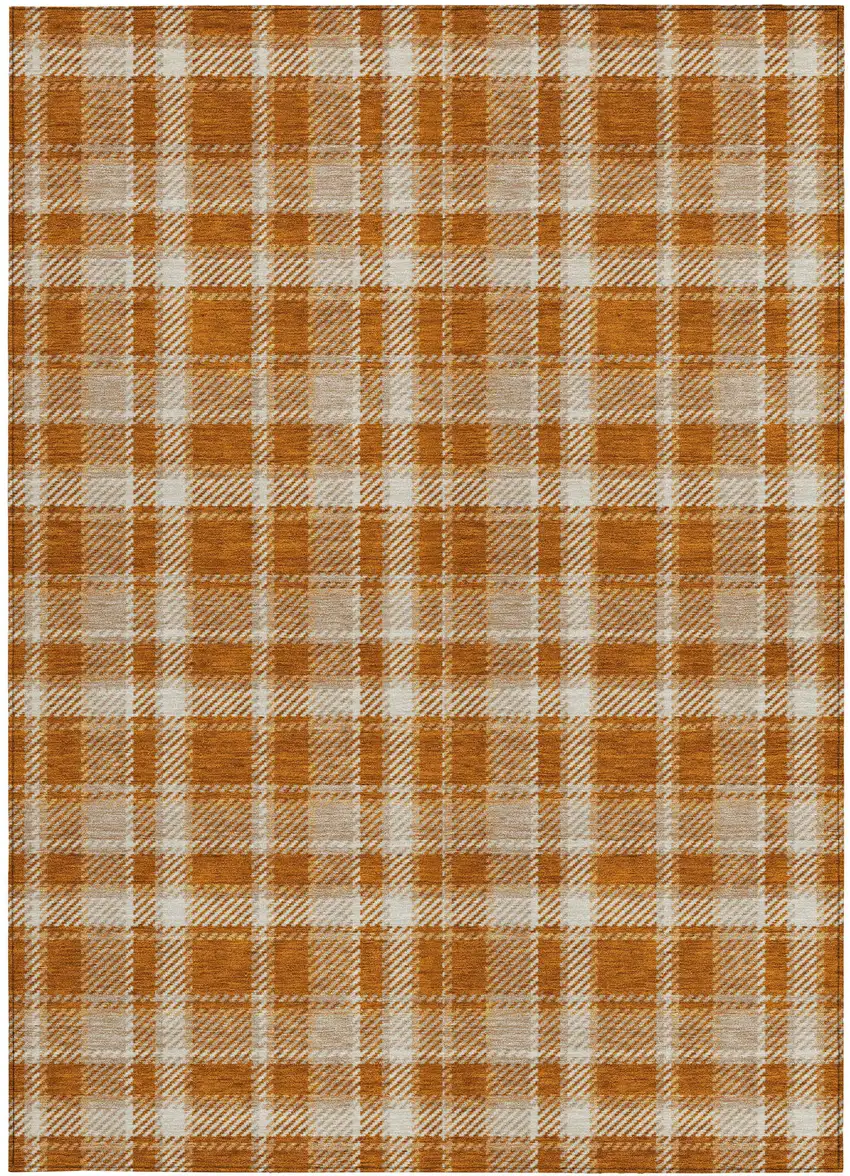 Orange and Ivory Plaid Washable Non Skid Indoor Outdoor Area Rug Photo 4