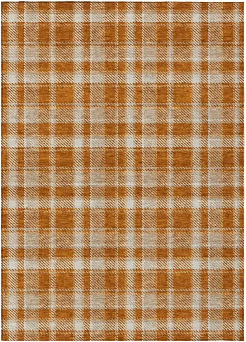 Orange and Ivory Plaid Washable Non Skid Indoor Outdoor Area Rug Photo 2