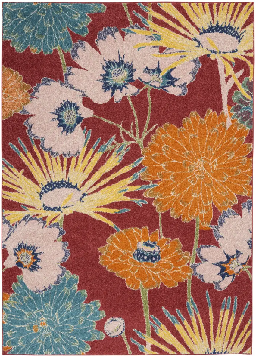 Orange and Red Floral Power Loom Area Rug Photo 2
