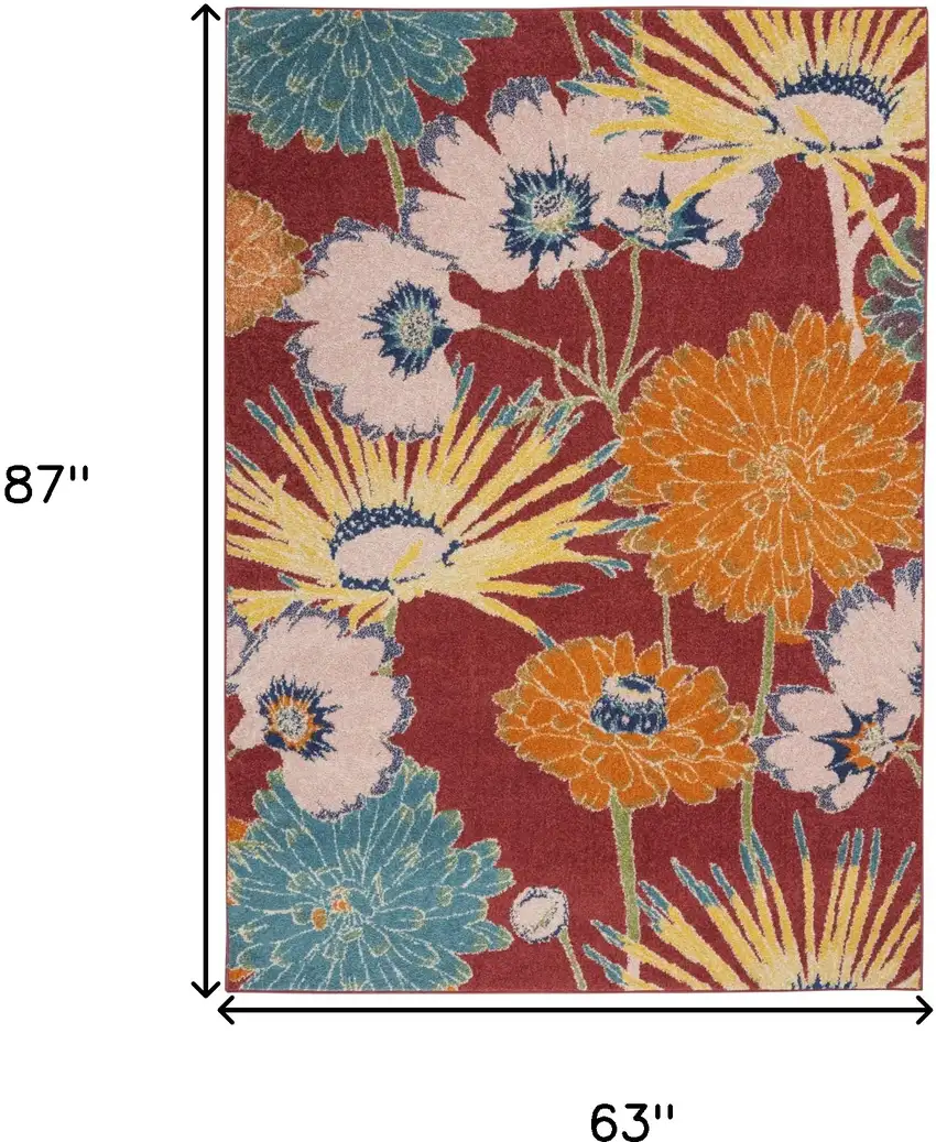 Orange and Red Floral Power Loom Area Rug Photo 3