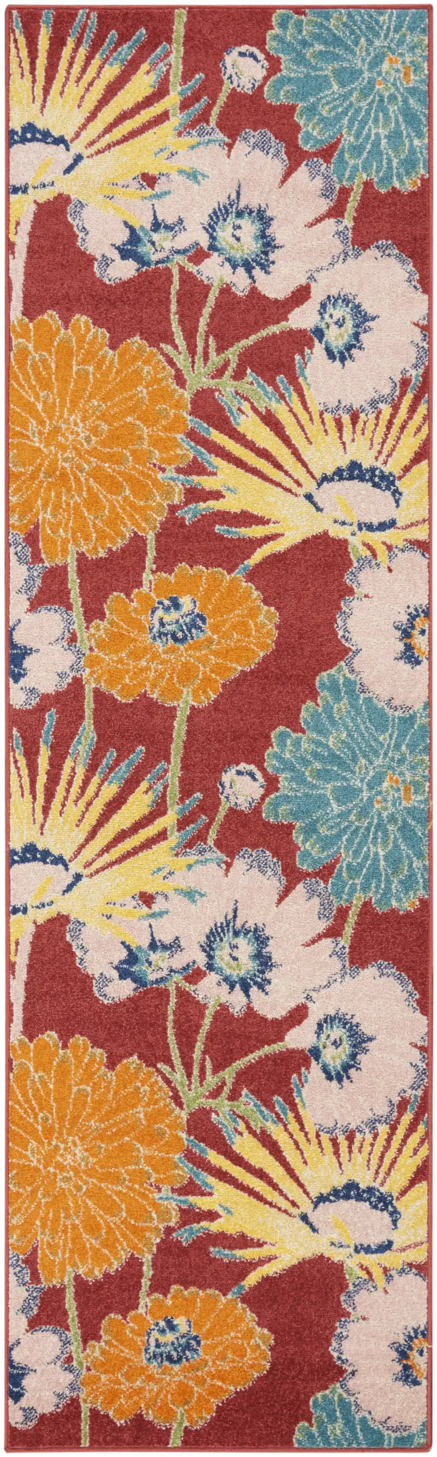 Orange and Red Floral Power Loom Runner Rug Photo 2