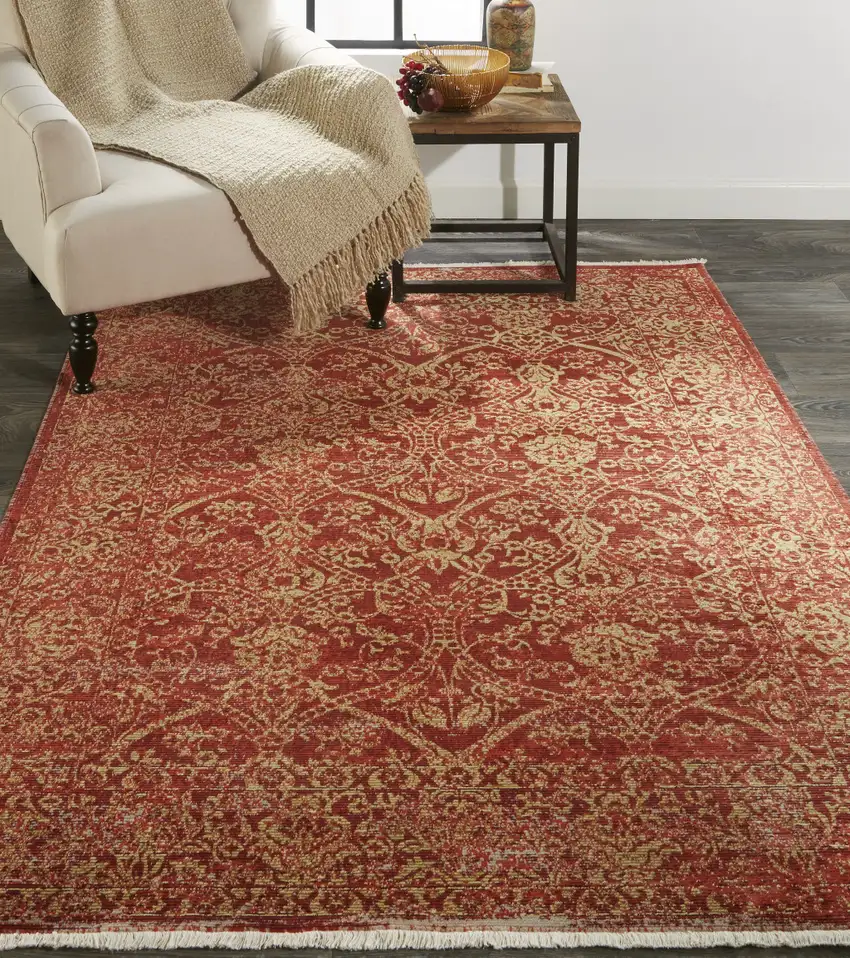 Orange and Red Oriental Power Loom Area Rug Photo 7