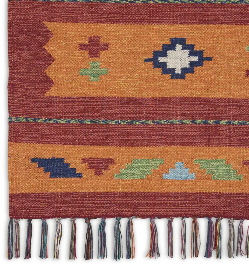 Orange and Red Southwestern Handmade Area Rug With Fringe Photo 7