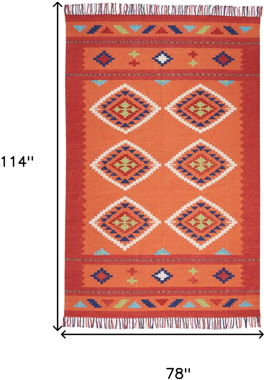 Orange and Red Southwestern Handmade Area Rug With Fringe Photo 3