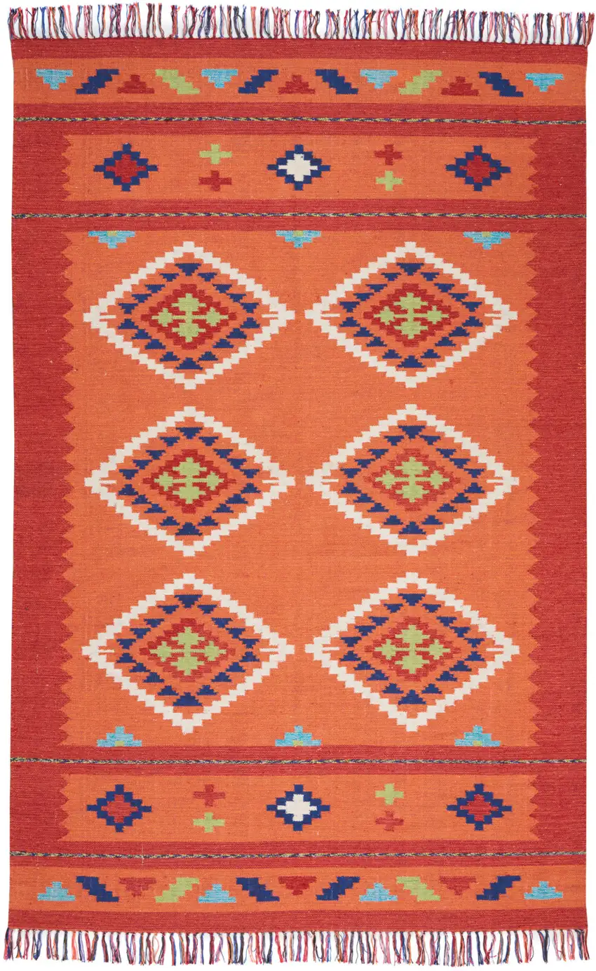 Orange and Red Southwestern Handmade Area Rug With Fringe Photo 1