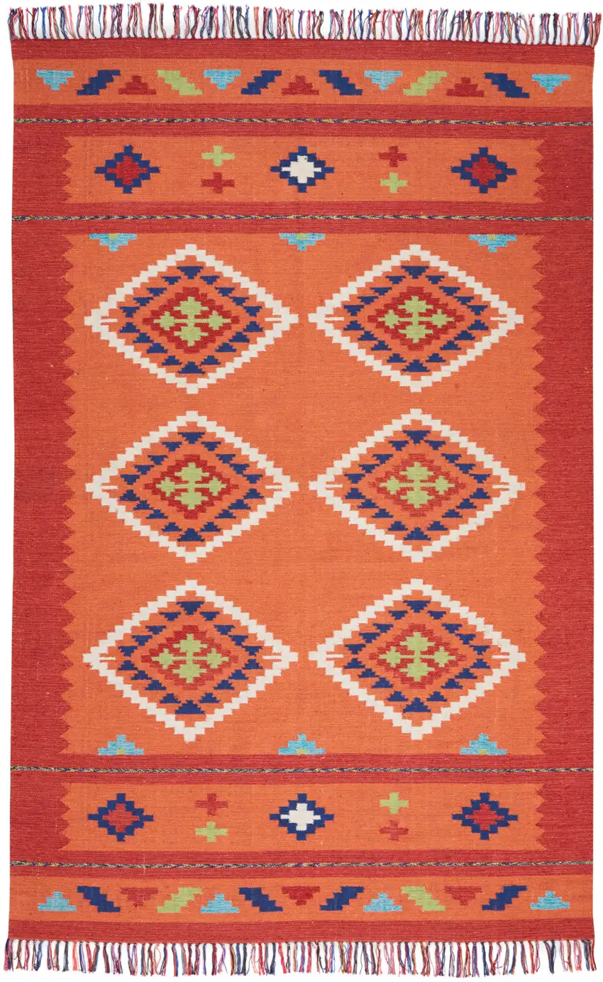 Orange and Red Southwestern Handmade Area Rug With Fringe Photo 2