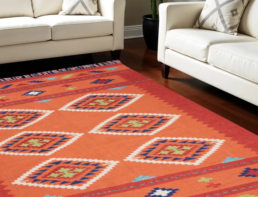 Orange and Red Southwestern Handmade Area Rug With Fringe Photo 1