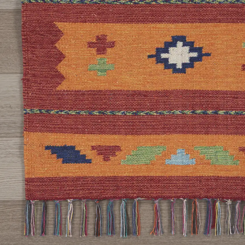 Orange and Red Southwestern Handmade Area Rug With Fringe Photo 6
