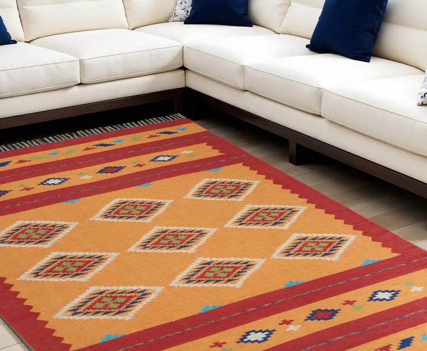 Orange and Red Southwestern Handmade Area Rug With Fringe Photo 2
