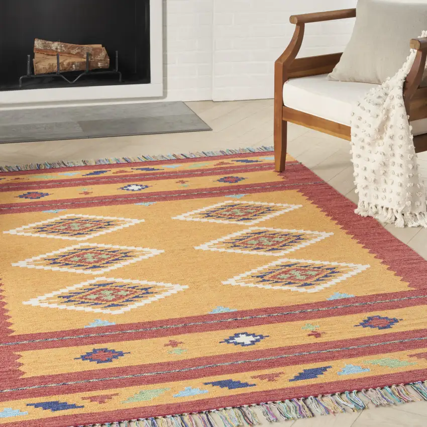 Orange and Red Southwestern Handmade Area Rug With Fringe Photo 8
