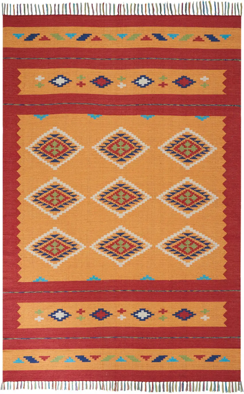 Orange and Red Southwestern Handmade Area Rug With Fringe Photo 3