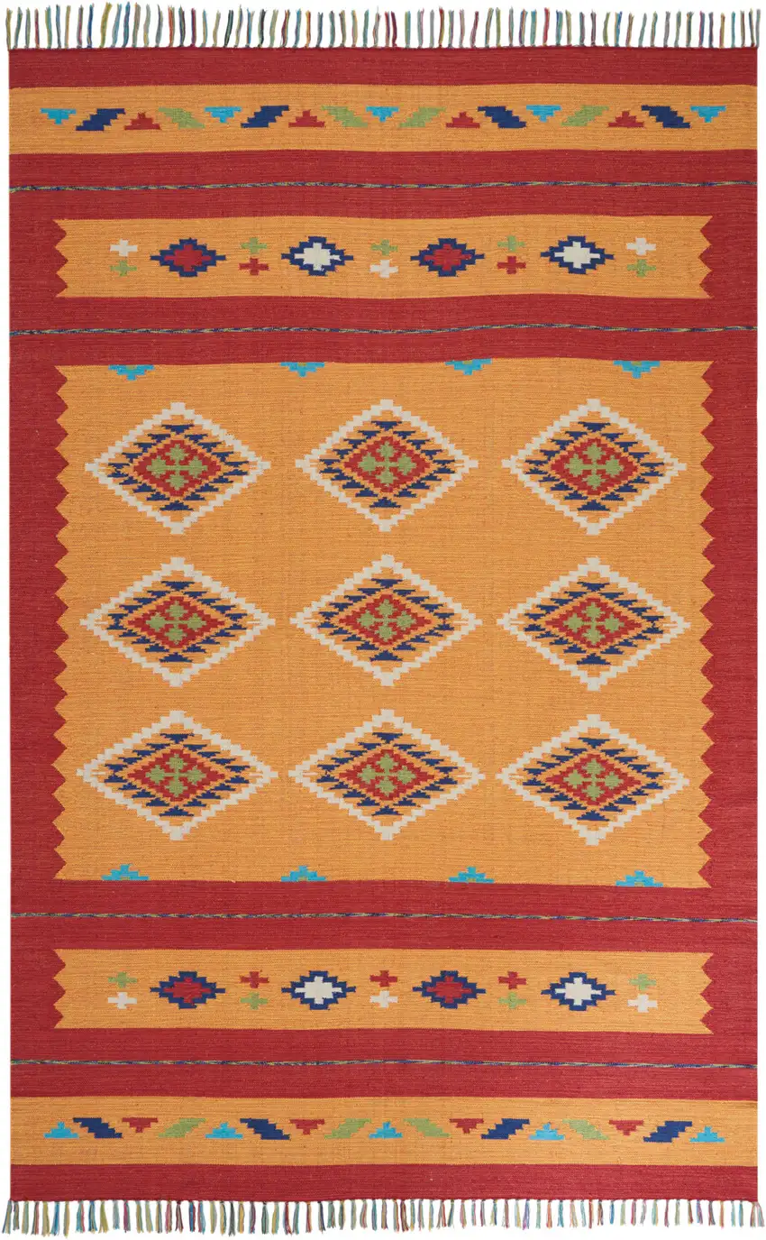 Orange and Red Southwestern Handmade Area Rug With Fringe Photo 1