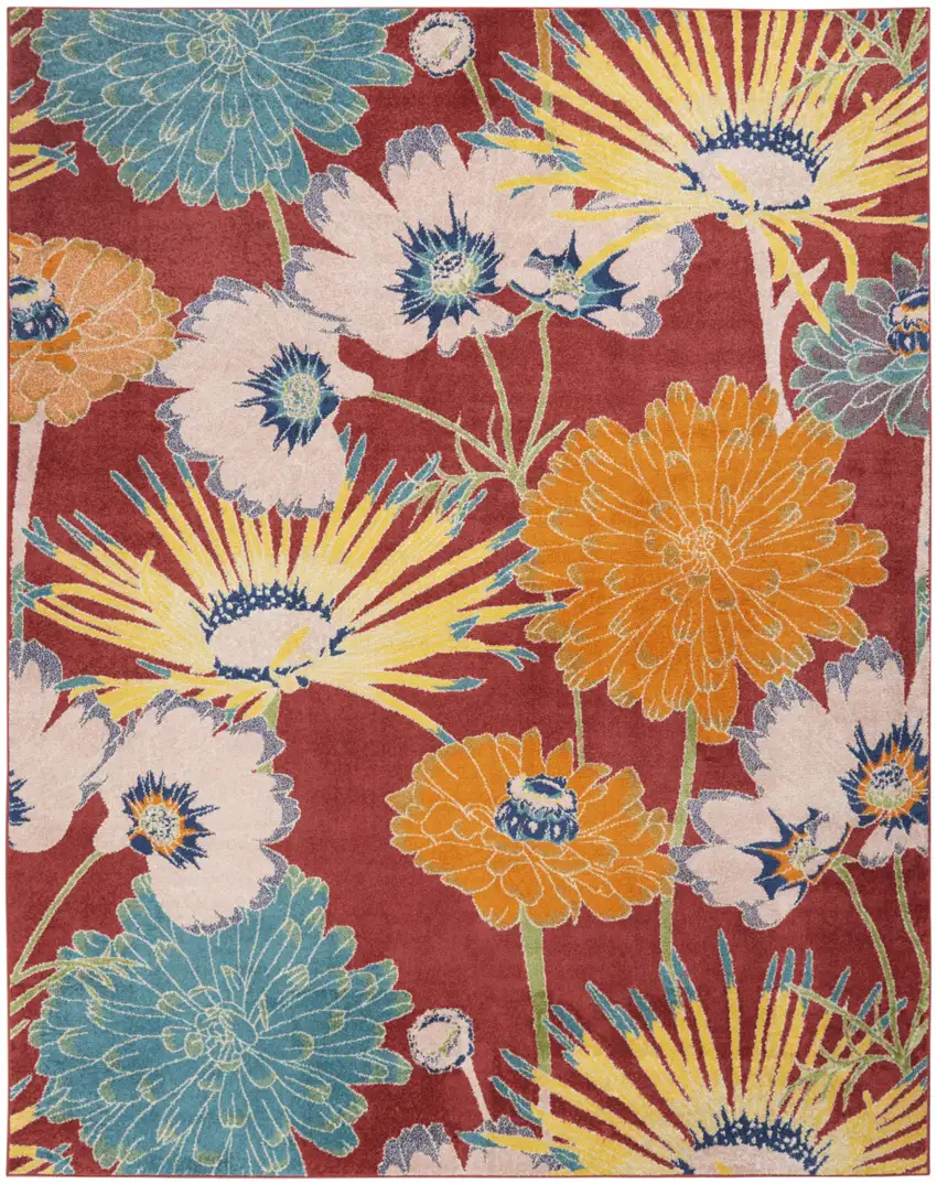 Orange and Red Tropical Floral Power Loom Area Rug Photo 2