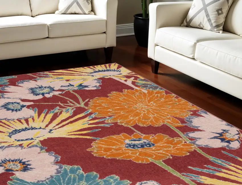 Orange and Red Tropical Floral Power Loom Area Rug Photo 1