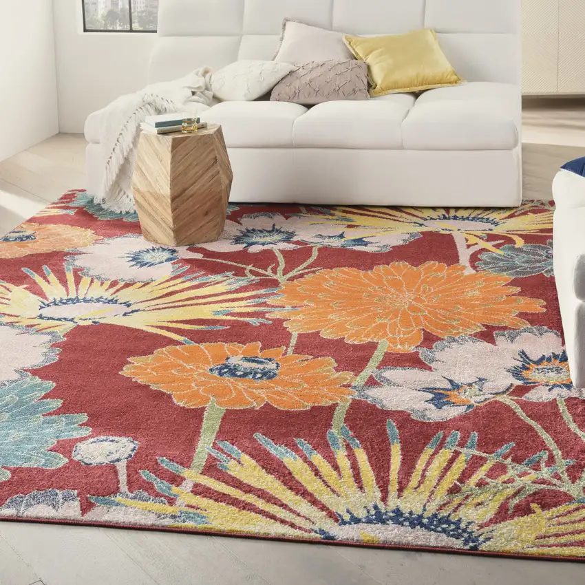 Orange and Red Tropical Floral Power Loom Area Rug Photo 5