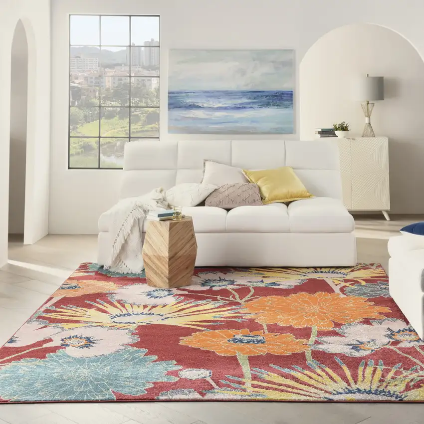 Orange and Red Tropical Floral Power Loom Area Rug Photo 6