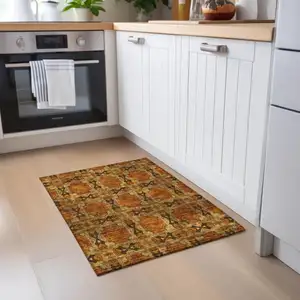 Photo of Orange and Rust Floral Medallion Washable Non Skid Indoor Outdoor Area Rug
