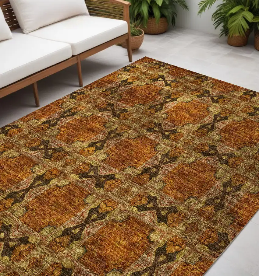 Orange and Rust Floral Medallion Washable Non Skid Indoor Outdoor Area Rug Photo 1