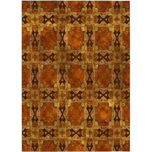 Photo of Orange and Rust Floral Medallion Washable Non Skid Indoor Outdoor Area Rug