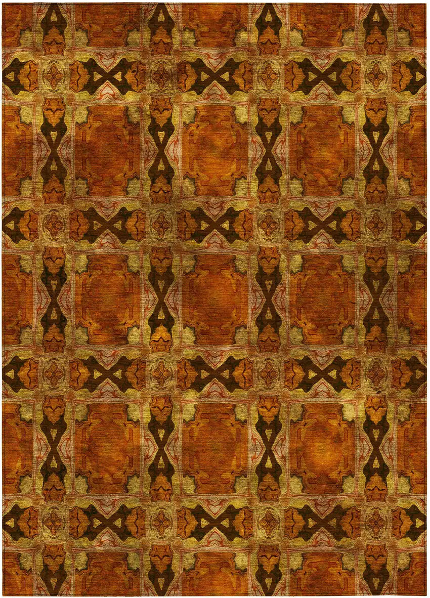 Orange and Rust Floral Medallion Washable Non Skid Indoor Outdoor Area Rug Photo 2