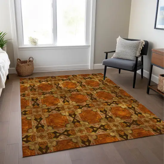 Orange And Rust Floral Medallion Washable Indoor Outdoor Area Rug Photo 9