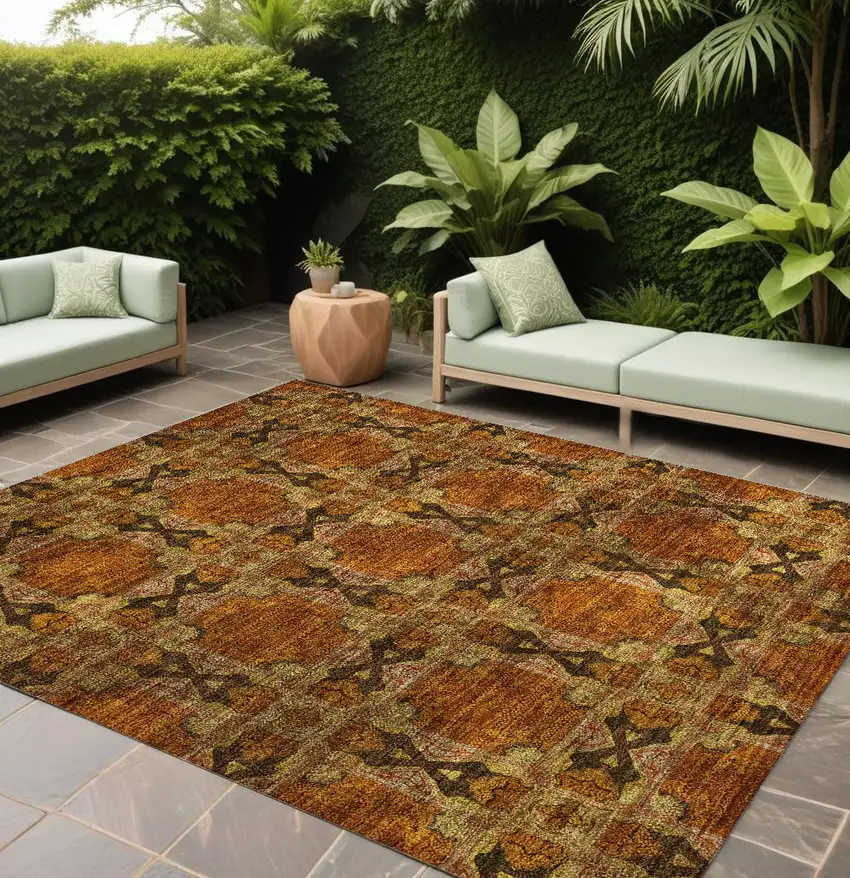 Orange and Rust Floral Medallion Washable Non Skid Indoor Outdoor Area Rug Photo 1