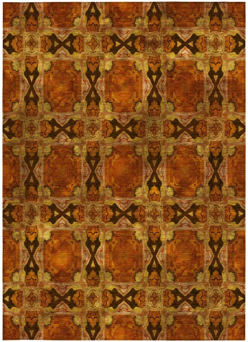 Orange and Rust Floral Medallion Washable Non Skid Indoor Outdoor Area Rug Photo 4