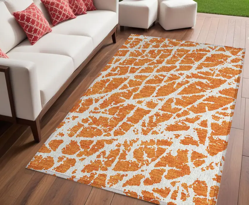 Orange and White Abstract Washable Non Skid Indoor Outdoor Area Rug Photo 2