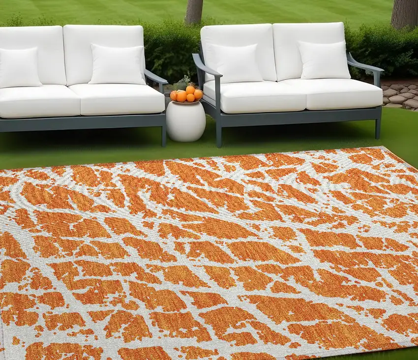 Orange and White Abstract Washable Non Skid Indoor Outdoor Area Rug Photo 1
