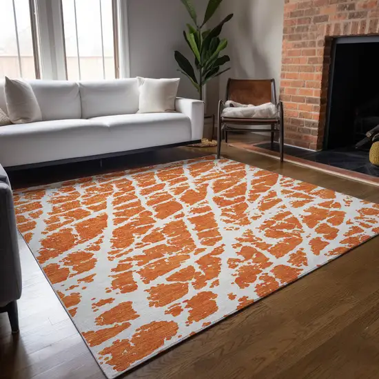 Orange and White Abstract Washable Non Skid Indoor Outdoor Area Rug Photo 9