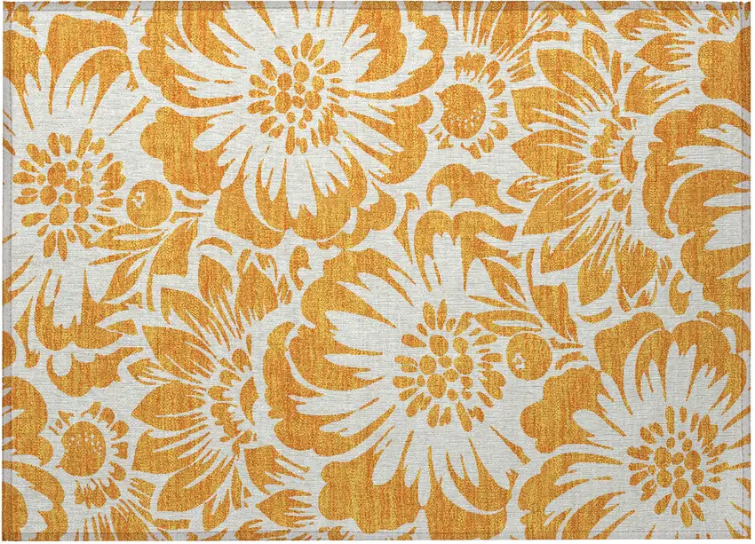 Orange and White Floral Washable Non Skid Indoor Outdoor Area Rug Photo 4