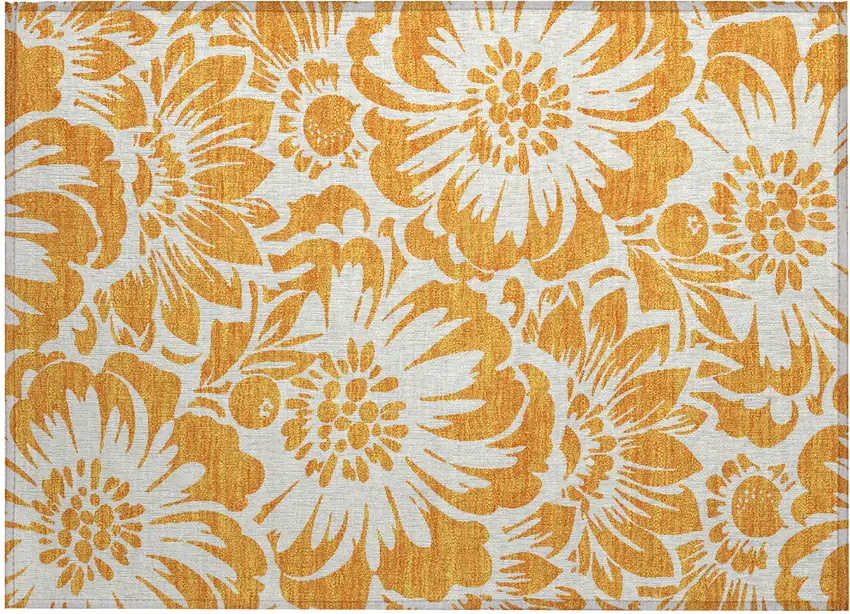 Orange and White Floral Washable Non Skid Indoor Outdoor Area Rug Photo 2