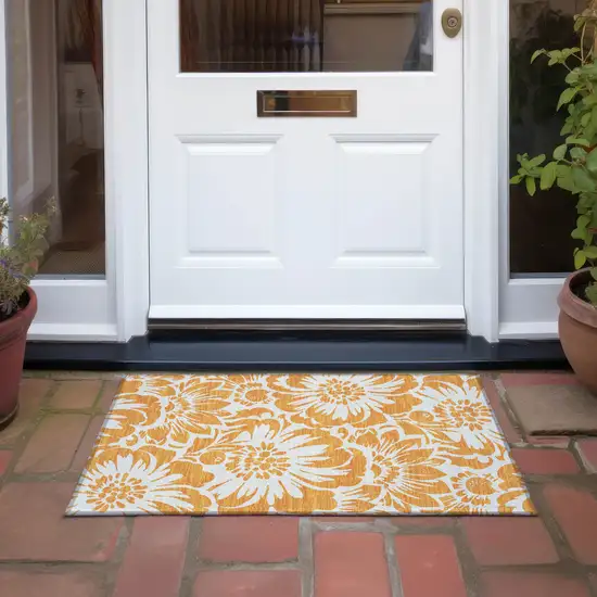Orange and White Floral Washable Non Skid Indoor Outdoor Area Rug Photo 8