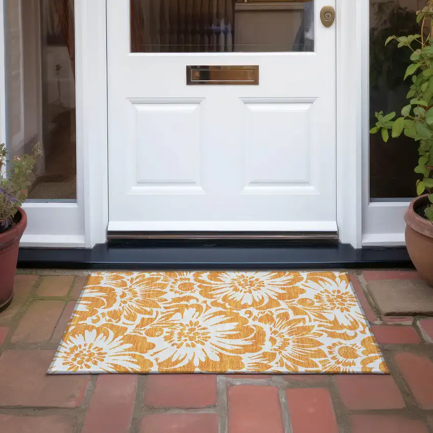 Orange and White Floral Washable Non Skid Indoor Outdoor Area Rug Photo 8